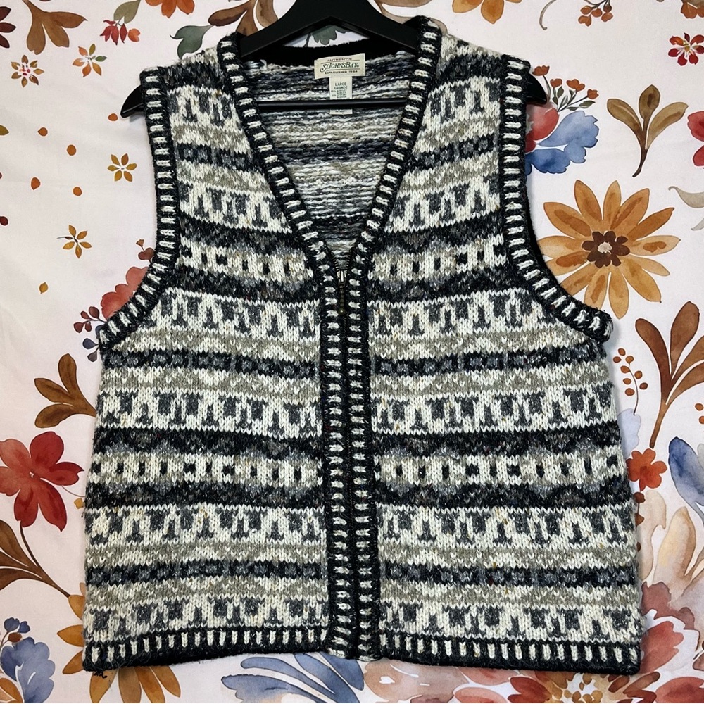 VTG St John’s Bay L Beige Grey Chunky Knit Full Zip Casual Vest Fall Spring